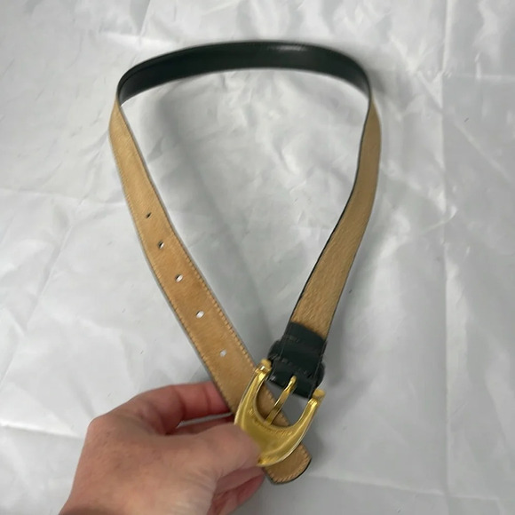 VINTAGE 90’s Liz Claiborne Fern Green Genuine Leather Belt Rubbed Gold Buckle M - Picture 4 of 11